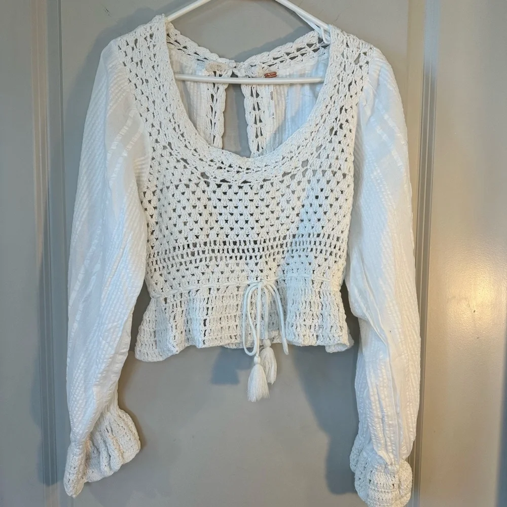 Free People White Megan Crochet Sheer Long Sleeve Boho Festival Crop Top, Small